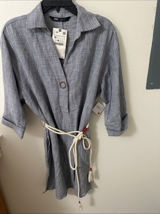 Zara Dresses & Skirts - Zara Blue-Gray Striped Mini Shirt Dress with Rope Belt